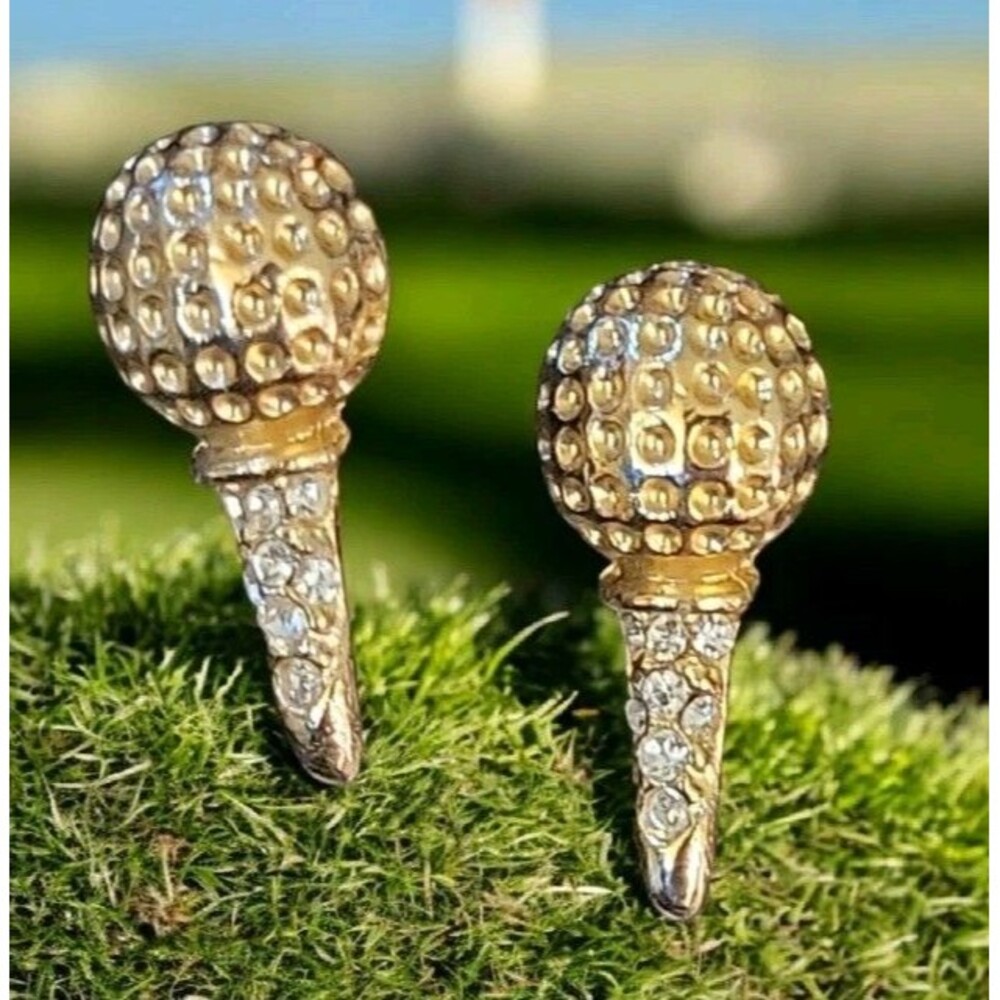 Vintage Gold Tone Rhinestone Golf Ball Tee Stud Earrings Women’s Novelty Golf